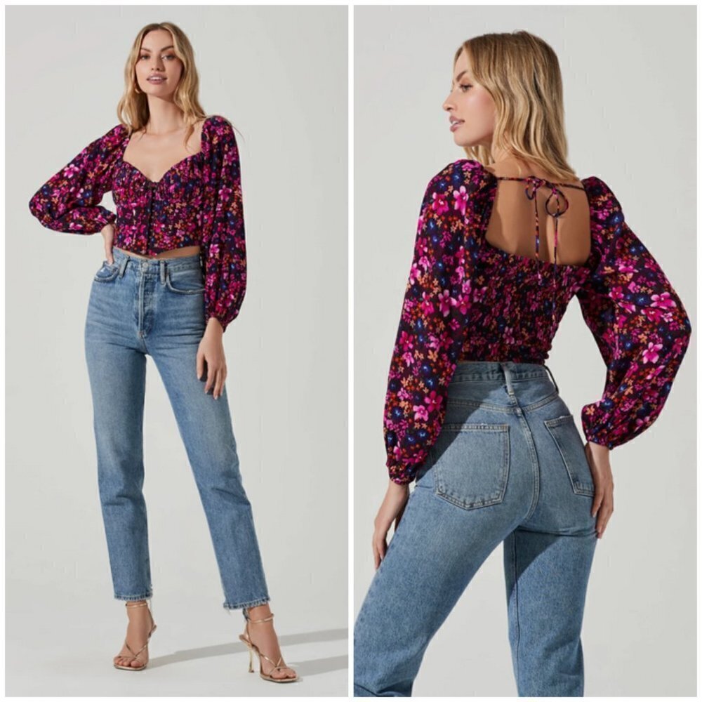 💕ASTR💕 Edwina Floral Corset Long Sleeve Top ~ Purple Floral Print XS NWT - Picture 3 of 14